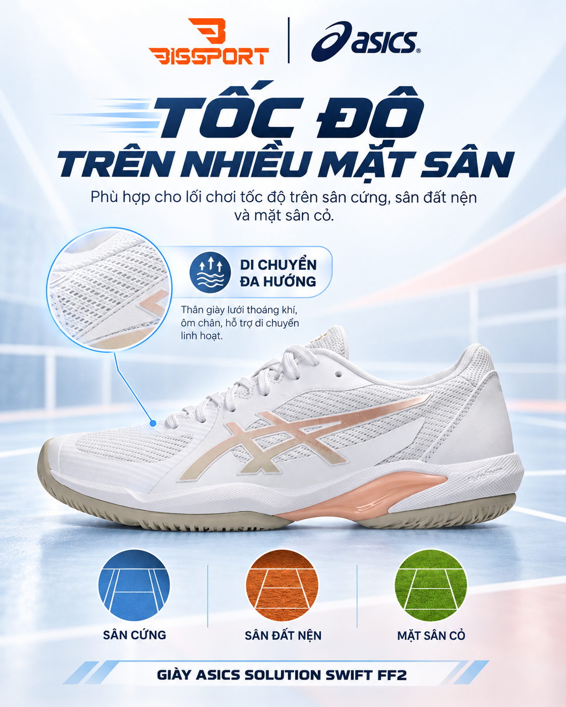 Giày Pickleball/Tennis ASICS SOLUTION SWIFT FF 2 Trắng Vàng Be Chính Hãng - Êm Ái, Ổn Định - Giảm Chấn - Siêu Bền
